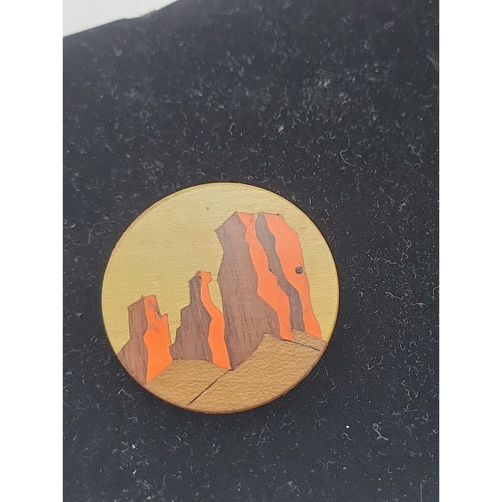 Vtg Southwest Dessert Wooden Pin Brooch Sunset Sand Mountains Art Handmade?